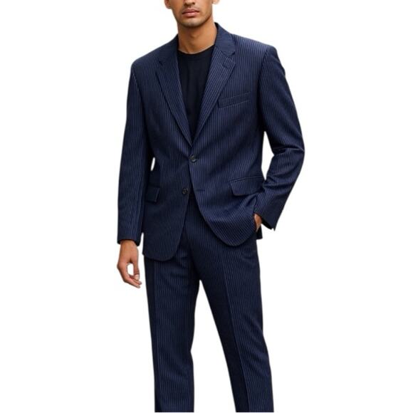 Tasso Elba Two-Piece Navy Pinstripe Wool Suit 48R Jacket 42 Pants Italian Wool - Picture 1 of 16